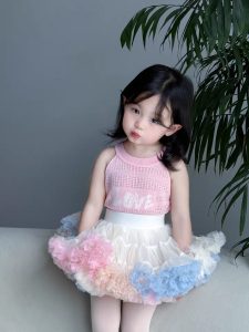 Summer Knitted Ice Silk Shoulder Cut out Vest Top for Baby Girls Princess Style Short Sleeve Lightweight Tutu Skirt Ensemble