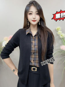 Casual Plaid Split Slimming Long Sleeve Shirt Fashionable Fake Two-Piece Top for Women Daily Wear Polyester Fiber Thin Model