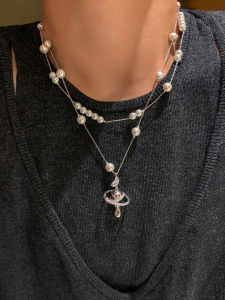 CAFFTI | Long Layered Necklace Pearl Pendant Sweater Chain