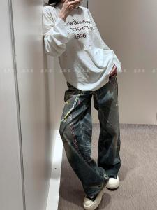 American Retro Heavy Duty Chain Print Jeans High Waist Wide Leg Pants Long Harem Trousers for Women Spring Summer 2025