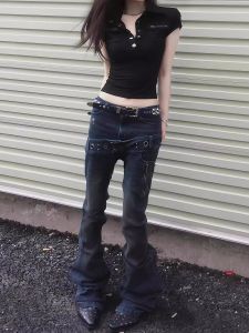 West Coast Denim Jeans Womens American High Street Pants Fake Two-Piece Elastic Quality Spring Autumn Long Trousers Trendy