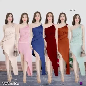 TW18513 เดรสยาว เดรสชุ่ม ไหล่เดียว เดรสราตรี แต่งโซ่ทอง ซึ่งได้รับรางวัล