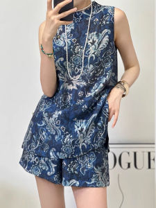 Shalldoer | Bộ đồ hai mảnh thời trang mùa hè cho nữ màu lạnh sang trọng phong cách Trung Hoa cổ tròn vải polyester quần short áo sơ mi