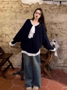 Korean Style Lace Splice V-Neck Long Sleeve Sweater Womens Loose Fit Lazy Style Autumn Fashion Slimming Unique Overhead Top