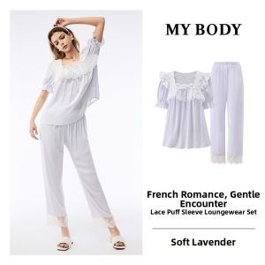 Mybody | Summer Square Neck Lace Bubble Sleeve Pajama Set