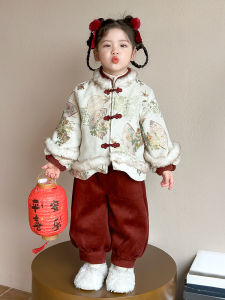 New Chinese Style Winter Childrens New Year Celebration Costume Set for Girls Fleece Lined Festive Traditional Tang Suit