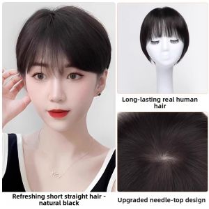 MENGSIQIAN | Short Straight Natural Looking Real Human Hair Wig Full Head