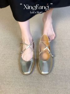 Silver Ballet Flats Womens Retro French Style Cross Buckle Leather Version Mary Jane Shoes Flat Bottom Casual Fashionable