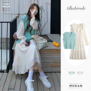 ชุดเดรสสไตล์อ่อนโยนใส่ช่วงฤดูใบไม้ผลิและฤดูใบไม้ร่วงสำหรับผู้หญิงเดรสยาวแขนพองสีขาวเรียบหรูสำหรับผู้หญิงเสื้อไหมพรมเสื้อกั๊กผ้าถักชุดละสองชิ้น