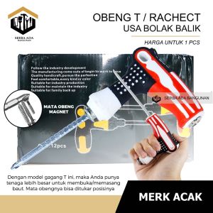 Obeng 3 in 1 / BOLAK BALIK + TUSUK MAGNET model "T" - gagang karet KODAI 100% kualitas bagus KUAT