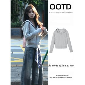 ZUKUN | Áo Khoác Hooded Zipper Ngắn Màu Xám Lót Bông 3D