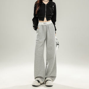 High Waist Wide Leg Casual Pants Womens Lace Splicing Autumn Small Size American Grey La Chapelle Straight Cut Loose Fit