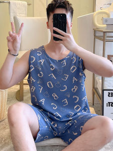 Summer Cotton Silk Pajamas Men Vest Shorts Set Thin Sleeveless Plus Size Outwear Cotton Silk Summer Home Wear