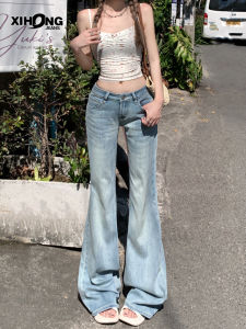 Quần Jeans Denim Ống Loe Màu Xanh Nhạt Phong Cách Mỹ Cạp Lows Co Giãn Không Dính Dài Đến Sàn Cho Nữ Quần Jeans Ống Loe Thời Trang Mùa Xuân 2025