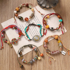 Retro Hand Weaving Bracelet Tibetan Ethnic Style Tibet Beads Bracelet Special-Interest Design Mens and Womens String Bracelet New Chinese Style Accessories