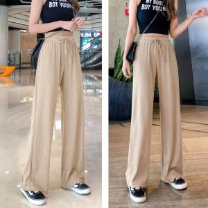 Ice Silk Wide Leg Pants Womens High Waist Straight Cut Thin Casual Pants Floor Length Drapey Loose Fit Summer Trousers