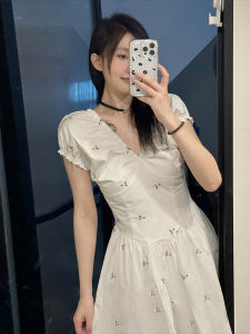 Elegant White Floral Print V-Neck Dress Womens Summer 2024 Miniature High-End French Style Long Dress Princess Skirt Cotton