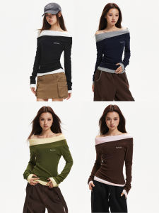 Apea | Off-Shoulder Illusion Two-Piece Colorblock Slim Waist Wrinkled Long Sleeve Knitted Top