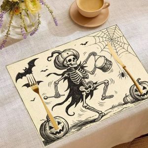 Bộ Thảm Trải Bàn Halloween VIKAMA - 2/4/6 Chiếc Bộ Xương Goblin Bí Ngô Dơi Thiết Kế Mạng Nhện Phong Cách Cổ Điển Trang Trí Bàn Bằng Vải Lanh Polyester