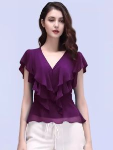 Fashionable Short Sleeve Chiffon Shirt Womens Summer 2025 New Design Sensation Top Elegant Blouse French Style V-neck Pure Color