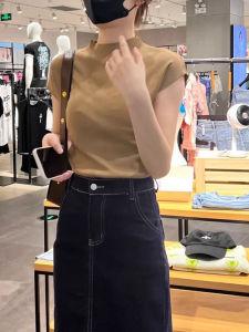 chaqi | Slim Fit Ice Silk Knitted Short Sleeve T-Shirt Womens Spring Summer New Style Elegant Shoulder Covering Sleeve Top