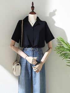 เรียบหรู แขนสั้น ปกสูท เสื้อเชิ้ตผู้หญิง ฤดูร้อน เดินทาง ทันสมัย เสื้อทํางานสีบริสุทธิ์สไตล์ K แบบท่อตรง