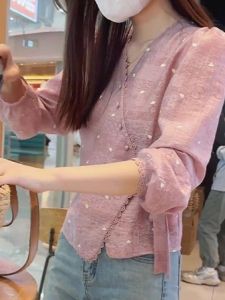 Áo Sơ Mi Nữ Tay Dài Cổ Chữ V Dáng Rộng Mùa Hè 2025 Phong Cách Mới Giản Dị Nghệ Thuật Áo Cardigan Hở