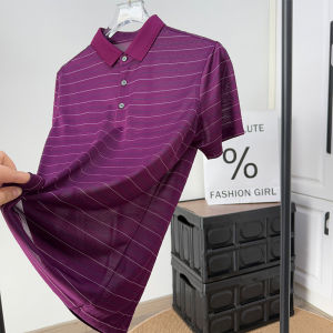 Fashionable Silk Polo Shirt for Men Short Sleeve Turn-down Collar Business Casual Striped T-shirt Summer Lightweight Standard Fit
