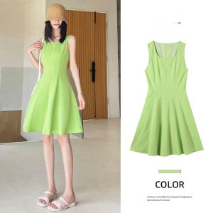 LANGPIN | ชุดเดรสคอเหลี่ยมทรงเอเข้ารูปเอวสูง แขนกุด ผ้าผสมคอตตอนและไนลอน ชุดเดรสฤดูร้อนสำหรับผู้หญิง สไตล์เรียบง่าย สไตล์ย้อนยุค