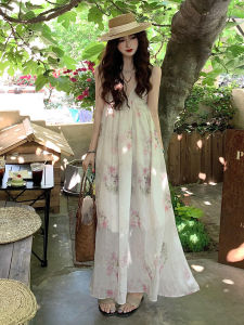 Karrar betsey | Summer New Style V-neck Floral Print Halter Dress Womens French Initial White Fairy Long Dress Sweet High Waist Sleeveless