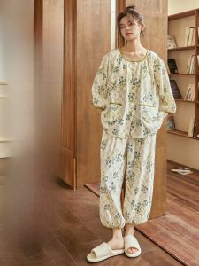 MiiOW | Bộ đồ ngủ nữ MiiOW 2025 mùa hè mới thoáng khí thoải mái có đệm ngực quần dài tay ngắn cổ tròn mặc ở nhà ngoài trời