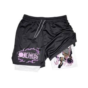 Bandai | One Piece Anime Black Double Layer Shorts for Men Gym Training Luffy Zoro Print Quick Dry Fabric Loose Fit with Pockets