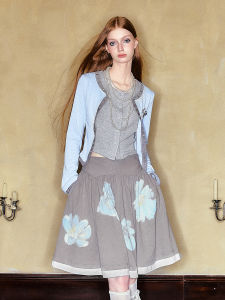 Original 2024 Spring Autumn Water Blue Splicing Beaded Small Jacket Hand Drawn Print Half Skirt Set Womens Sweet Style Knitted Sweater