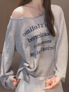 เสื้อยืดคอกลมแขนยาวบางป้องกันแสงแดดสำหรับผู้หญิง ฤดูร้อน 2025 ใหม่ ดีไซน์ลายตัวอักษร แฟชั่นสบายๆ ลำลอง คอกลม