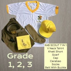 KAB Scout 7 in 1 Set: V Neck T-Shirt Khaki Scarf Cap Carabao Socks Belt with Buckle