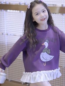 Autumn Winter Fleece Lined Girls Hoodie Dress School Style Long Cartoon Lace Trim Warm Top for Girls Korean Style Cotton Sweatshirt Dress