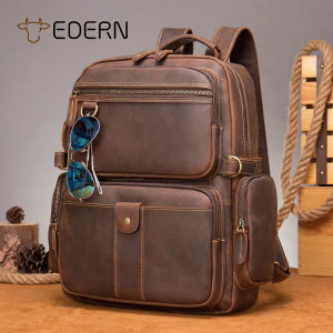 EDERN Retro Crazy Horse Leather Mens Backpack Large Capacity Cowhide Backpacks Genuine Leather Schoolbag 15.6-inch Laptop Bag Shoulder Bag