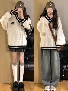 British College Style Knitted Sweater V-Neck Womens Fashion Gentle Small Size Autumn Winter New Arrival Lazy Style Top