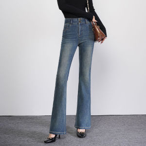 Retro Blue Flared Jeans Womens Slim Fit Elastic Casual Pants High Waist Straight Leg Bell Bottoms Spring Autumn Casual Wear
