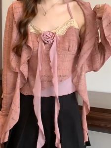 🌏SY ขอบแขนยาวคาร์ดิแกนผู้หญิง ที่แขวนคอเสื้อกั๊กสาวร้อนแรงชุดสองชิ้น