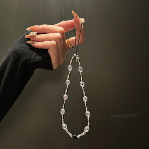 White Crystal Titanium Silver Bead Handheld Chain Suitable for All Mobile Phone Case Models Y2K Portable Lanyard Luxury Niche High-End Short Rope for Women
