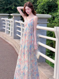 PEIZIXUAN | French Pink Floral Print Strap Dress Women Summer New