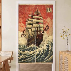 VIKAMA Nhật Bản Great Wave Sunset Temple Door Curtain Kanagawa Phong Cách Đại Dương Tòa Nhà Cổ Xưa Nghệ Thuật Vải Lanh Noren Polyester Mềm Mại Cho Phòng Ngủ Nhà Bếp