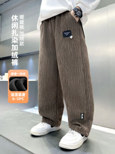Boys Fleece Lined Casual Sports Pants Spring Autumn Winter Straight Leg Elastic Waist Long Trousers Thickened Childrens Wear