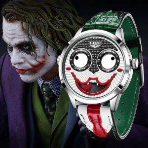 LIGE นาฬิกาแฟชั่นสุดเท่สำหรับผู้ชายนาฬิกาควอตซ์สร้างสรรค์ลายตัวตลกกันน้ำสายหนังนาฬิกา + กล่อง