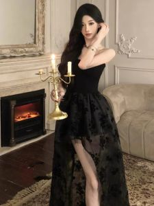 Váy Lưới Đen Gợi Cảm Cao Cấp Váy Sinh Nhật Tiệc Cưới Váy Dài Không Tay Cổ Chữ a Váy Lưới Không Dây Váy Dự Tiệc