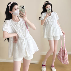 Summer Blue Cotton Maternity Shirt Loose Baby Doll Top Short Sleeve Belly Covering Comfortable Korean Style round Neck Pure Color