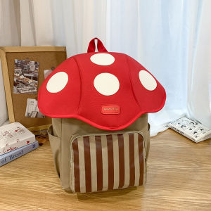 Large Capacity School Bag for Girls Elementary Student Three to Six Grades Cute Mushroom Print Cartoon Backpack Nylon Material Zipper Closure