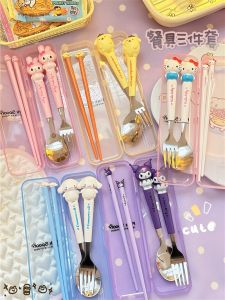 Adorable Stainless Steel Fork Spoon Chopsticks Set Portable Three-Piece Kit for Primary School Students Cute Dining Utensils