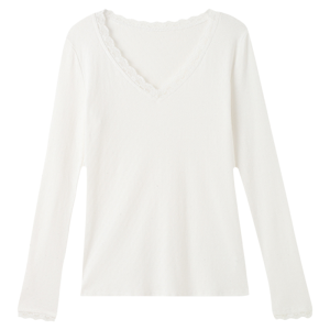 Womens White V-Neck Lace Cotton Loose Long Sleeve Base Layer T-shirt Autumn Winter New